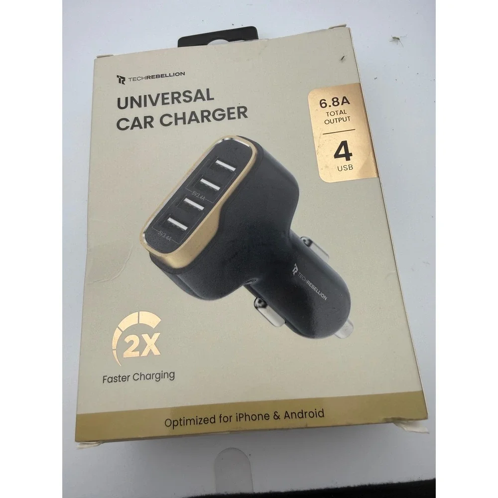 TechRebellion Universal Car Charger 4 USB Ports 6.8A Fast Charging Black Gold